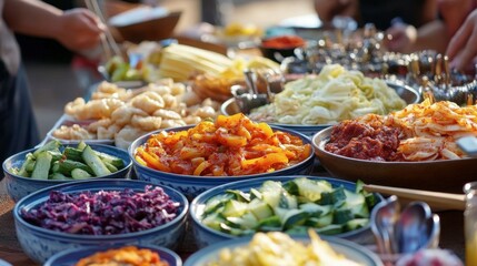 Obraz premium A colorful Korean Food Festival with various traditional dishes being enjoyed by happy attendees.