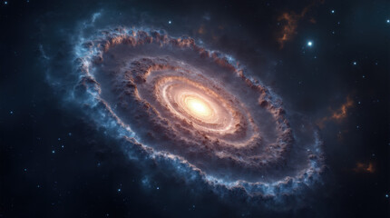Fototapeta premium Majestic spiral galaxy glowing in the depths of space with swirling clouds and stars illuminated against the dark universe