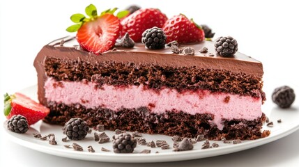 Delicious Chocolate Layer Cake with Strawberry Filling and Berries