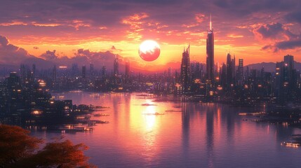 Vibrant Sunset Over Futuristic Cityscape with Reflections on Water