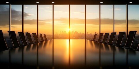 A modern conference room with a long table and chairs, overlooking a city skyline at sunset. Concept Modern Conference Room, City Skyline, Sunset Views, Long Table Setup, Professional Atmosphere