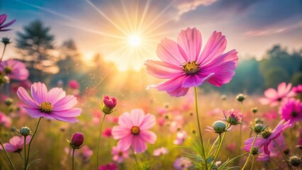 Obraz premium Dreamy Pink Cosmos Double Exposure: Sunlit Meadow Stock Photo
