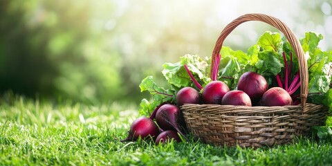 Freshly harvested beets in a wicker basket surrounded by green grass and leafy greens with soft sunlight creating a vibrant garden atmosphere