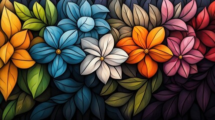Colorful Floral Pattern with Leaves in Vibrant Artistic Design