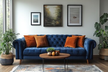 Fototapeta premium Modern living room with blue velvet sofa, wooden coffee table, and Scandinavian interior design. Stylish home entryway with white walls, cozy atmosphere.
