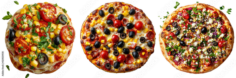Poster top view of a vegan pizza with tomatoes and olives, presented on a transparent background
