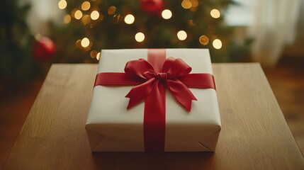 Wrapped Christmas Gift on a Wooden Table with Holiday Decor
