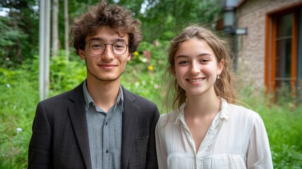 Young Man and Woman Smiling in a Green Outdoor Setting