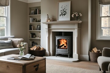 Steve's-Logo grey wood-burning stove with white decoration in elegant traditional living room. Cozy atmosphere with light wooden floor, sofa, armchair, bookshelf, vase, flowers, and natural lighting.