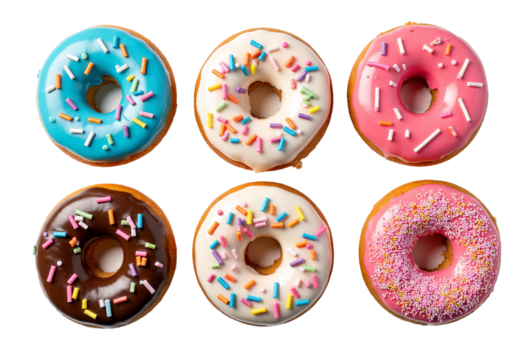 Six glazed donuts with sprinkles on a transparent background.