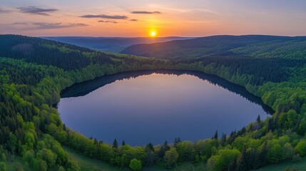 Serene Sunset Over a Tranquil Lake Surrounded by Lush Forests