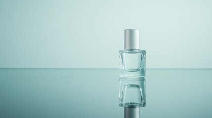 A minimalist scene featuring a single bottle of clear nail polish, placed on a reflective glass table.