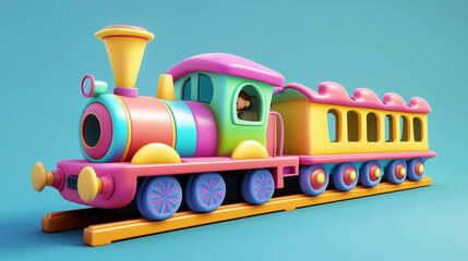 Whimsical Cartoon-Style Colorful Train with Fun Design on a Blue Background