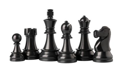 Black chess pieces floating on transparent background