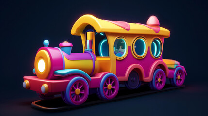 Colorful Whimsical Train in Cartoon Style with Bright Illuminated Details