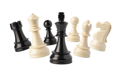 Black and white chess pieces floating on transparent background