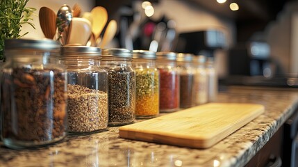 A sparkling kitchen counter with jars of spices and a cutting board