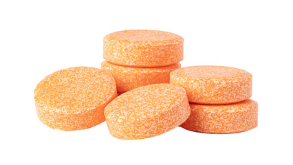 Orange effervescent tablets vitamins C or painkillers isolated on transparent background
