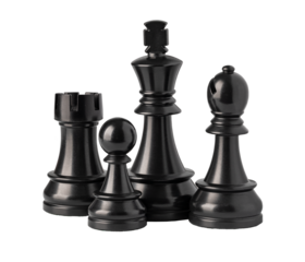 Black chess pieces standing on transparent background