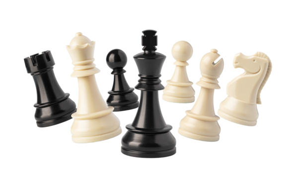 Black and white chess pieces floating on transparent background