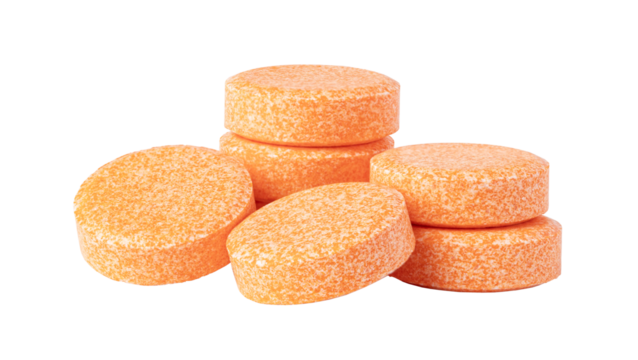 Orange effervescent tablets vitamins C or painkillers isolated on transparent background