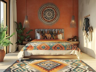 Contemporary boho bedroom with geometric patterns and a modern aesthetic