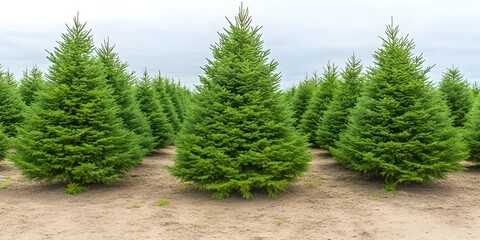 Fototapeta premium A dense grove of tall, green coniferous trees arranged in rows, likely a Christmas tree farm. Concept Christmas Tree Farm, Coniferous Forest, Nature Landscape, Rows of Trees, Evergreen Aesthetics