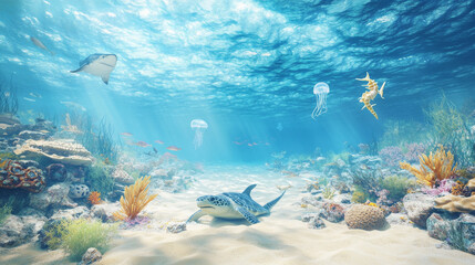 Fototapeta premium Long banner with sea underwater landscape. Cartoon shark and turtle, fish shoals, seaweeds and corals on sand bottom vector background. Blue water waves with jellyfish, seahorse, starfish, stingray
