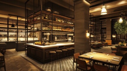 A modern kitchen with open shelving, industrial-style lighting, and a neutral color palette for a chic and airy feel.