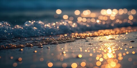 Golden Hour Ocean Waves on Sandy Shore, Sparkling with Light