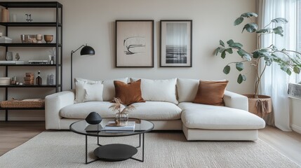 Modern Living Room with Cozy Neutral Tones and Artistic Decor