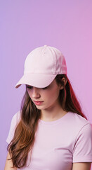 Fototapeta premium A young woman wearing a plain pastel pink baseball cap and pastel pink T-shirt. Lady girl with long hair. Plain vibrant background