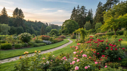 Obraz premium picturesque garden path winds through vibrant flower beds and lush greenery, framed by towering trees and rolling hills.