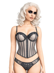 Fototapeta premium Middle Eastern woman with wavy platinum blonde hair, brown eyes, slim body type, wearing a corset-inspired bra with matching bikini