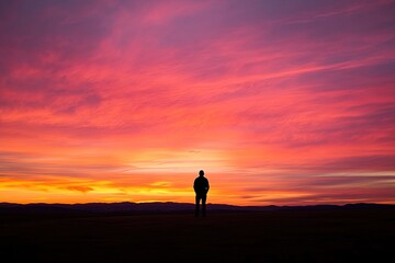 Solitary Figure Silhouetted Against a Vibrant Sunset Sky
