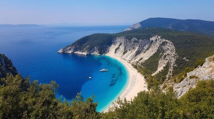 A serene panorama of Karamitsi Beach, with the coastline stretching into the distance under a clear blue sky.