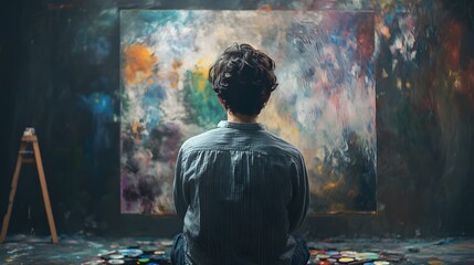 Fototapeta premium Artist Contemplates Abstract Painting In Studio