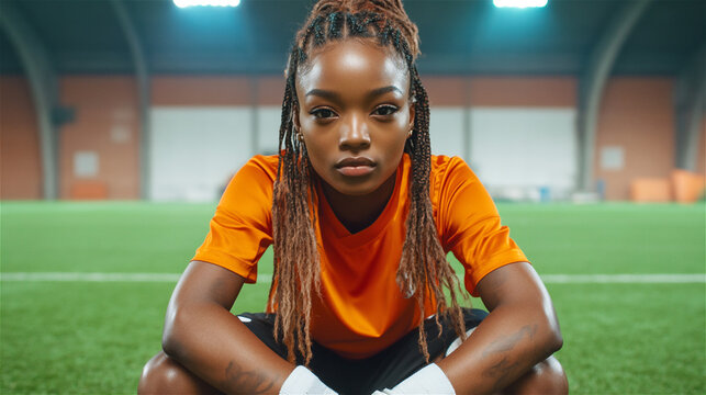 Determined female soccer player in an orange jersey sitting on an indoor field, exuding focus and confidence before a game