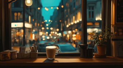 A cozy coffee shop with soft lighting, a frothy latte, and a window view of a bustling street