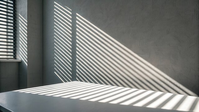 Striped shadows cast by window blinds across a minimalist table in a sunlit room