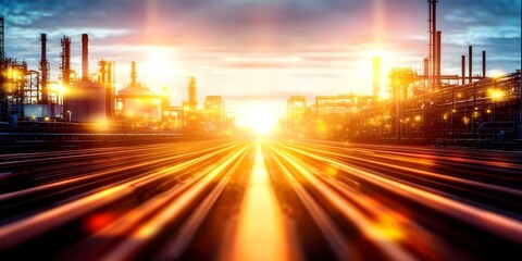 A railway track leading towards an industrial landscape with oil refineries and a vibrant sunset in the background. Concept Railway Tracks, Industrial Landscape, Oil Refineries, Vibrant Sunset