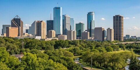 Fototapeta premium A vibrant cityscape skyline with numerous skyscrapers and high-rise buildings, nestled amidst a lush green landscape of trees and parkland, under a clear blue sky.
