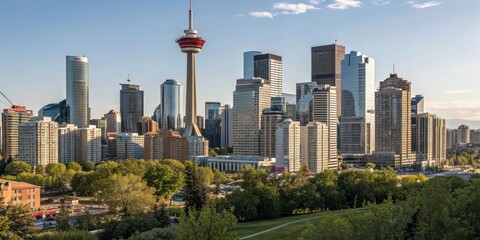 A panoramic cityscape showcasing a cluster of modern skyscrapers and a tall tower, surrounded by lush green parkland under a clear sunny sky