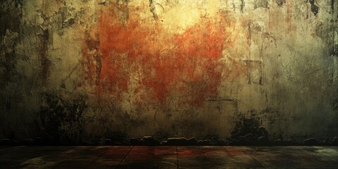 Abstract textured wall background in muted yellow and orange hues with dark grunge details and shadowed corners ideal for Halloween themes.