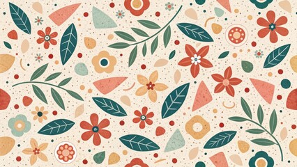 Naklejka premium A Delightful Seamless Pattern of Abstract Flowers, Leaves, and Geometric Shapes on a Textured Background