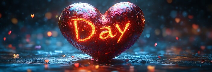 Fiery Red Heart Valentines Day Romantic Love Digital Art 3D Glow Dark Blue Image Shiny Shiny Design 