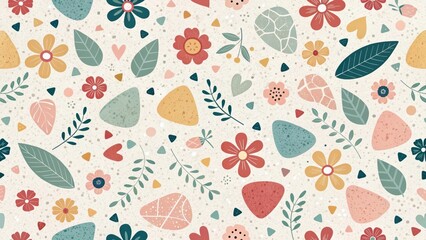 A Delightful Seamless Pattern Featuring Floral Elements and Abstract Shapes, Perfect for Textile Design or Wallpaper