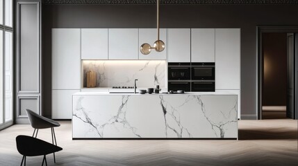 A sleek modern kitchen with white cabinets, a marble island, and stainless steel appliances creating a clean and sophisticated space.