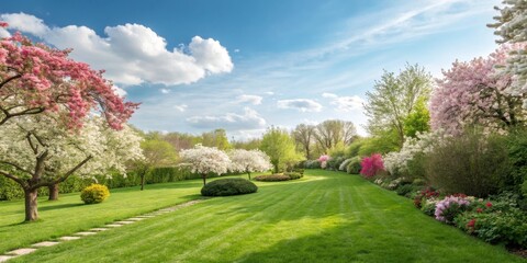 Naklejka premium A picturesque landscape showcasing a vibrant springtime garden with blossoming trees and meticulously manicured lawns