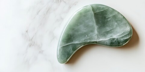 Green jade gua sha massager positioned on white marble background showcasing natural textures with soft green hues and ample copy space for text.